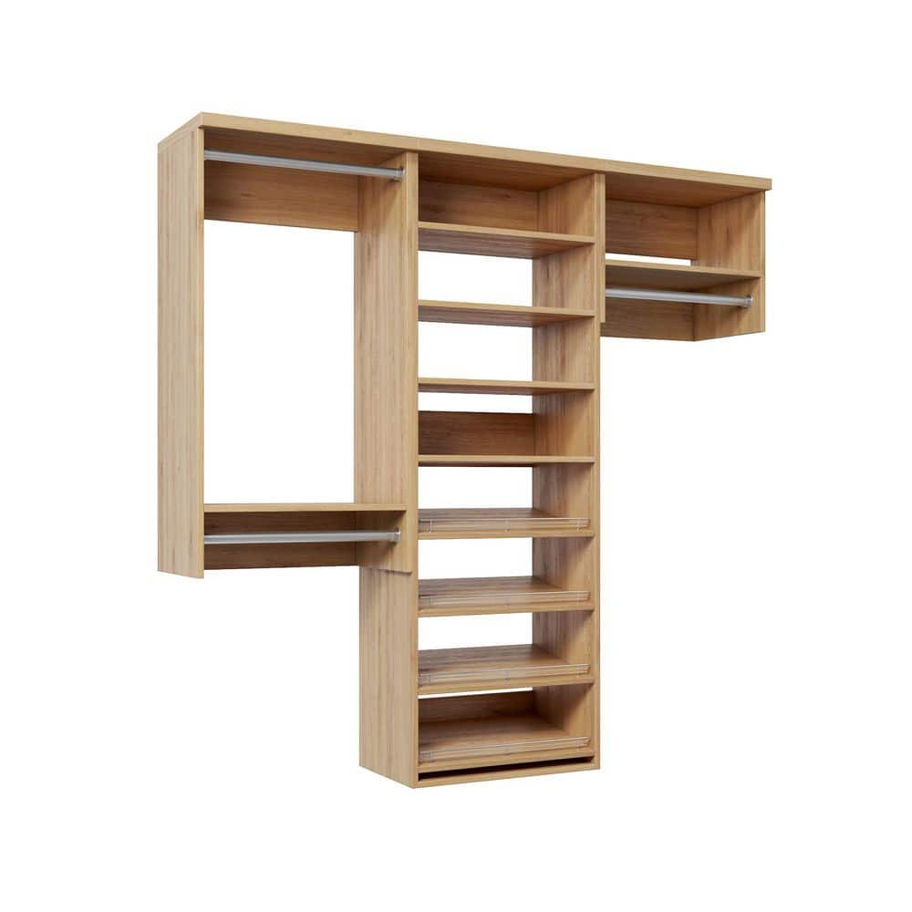 58.5 in. W Natural Oak Reach-in Wall-Mount 3-Rod 4-Shoe-Shelf 5-Shelf Wood Closet System