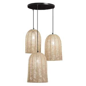 Betty 3-Light Black Metal Shaded Pendant Light With Natural-Tone Woven Jute Bell Shades