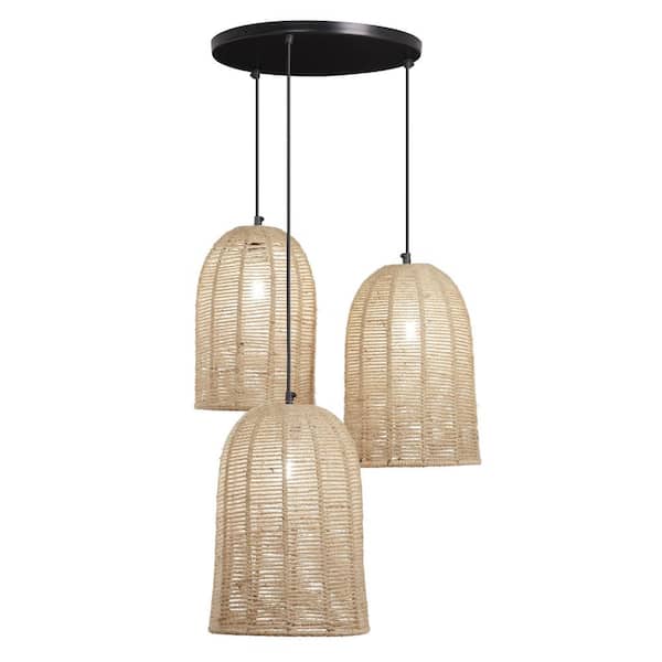 River of Goods Betty 3-Light Black Metal Shaded Pendant Light With Natural-Tone Woven Jute Bell Shades