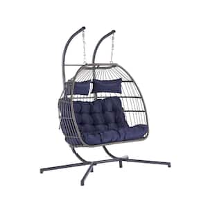 2-Person PE Rattan Wicker Patio Swing Hanging Chair Egg Chair with Dark Blue Cushions
