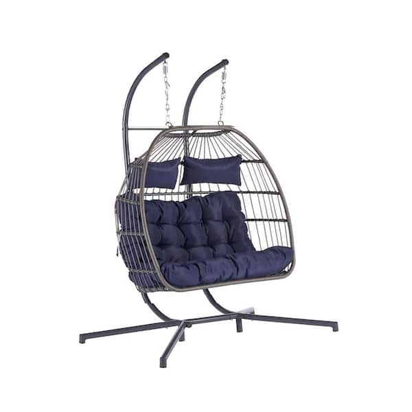 Sudzendf 2-Person PE Rattan Wicker Patio Swing Hanging Chair Egg Chair with Dark Blue Cushions