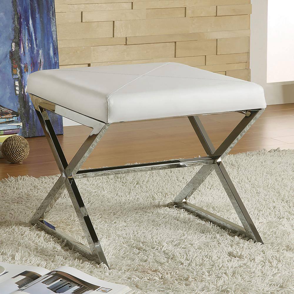 White Faux Leather X-Cross Square Ottoman with Chrome Base