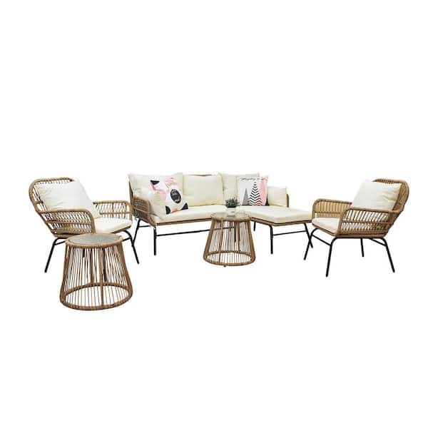 Tunearary 6-Pieces Wicker Weatherproof Patio Conversation Sofa and Chair Set with Beige Cushions and Round Tempered Glass Table