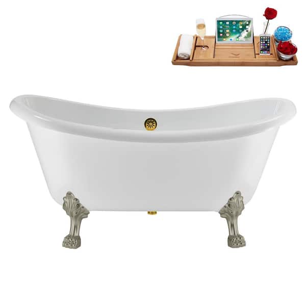 Streamline 59 in. x 28 in. Acrylic Clawfoot Soaking Bathtub in Glossy White with Polished Gold Drain, Brushed Nickel Clawfeet
