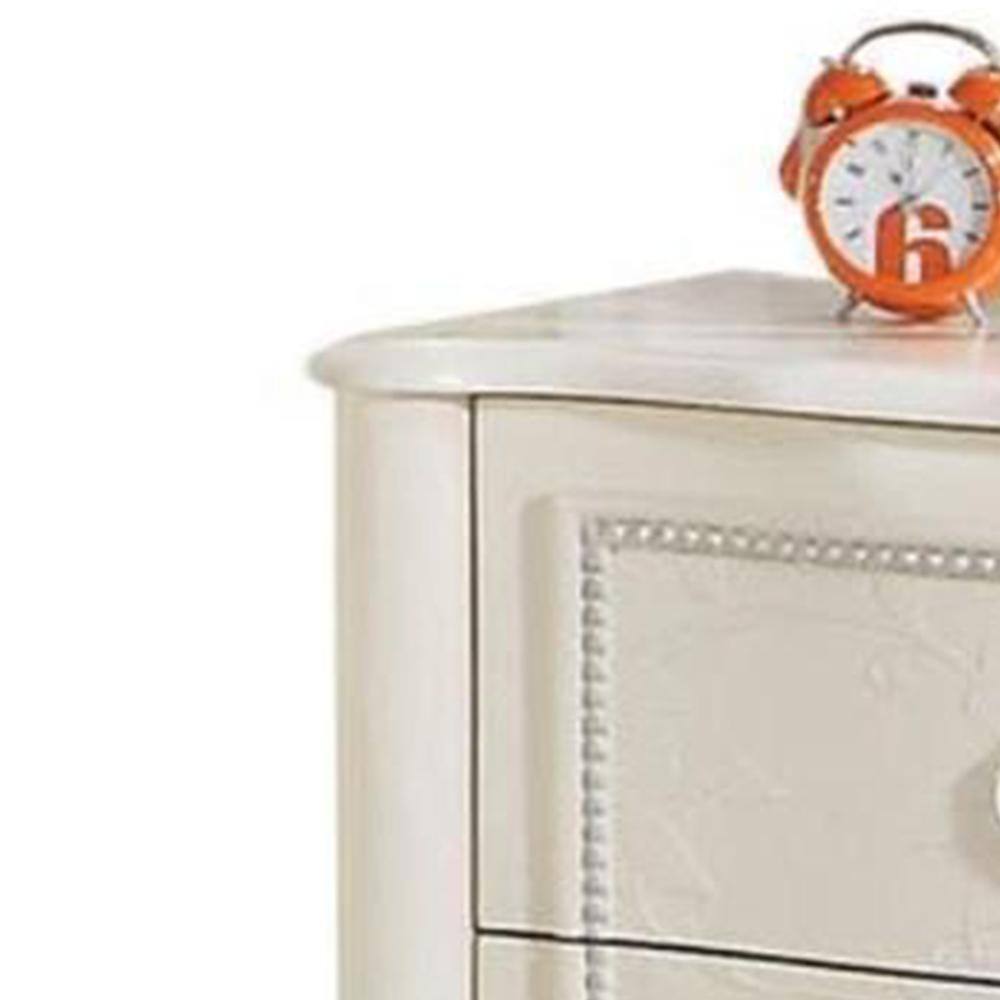 Ivory Pine Wood Nightstand with 2 Drawers and Floral Details