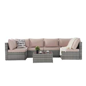 7-Piece Gray Wicker Outdoor Patio Sectional Sofa Conversation Set with Beige Cushions and 1 Side Table