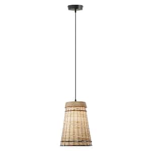 Soren 1-Light Tan Hanging Pendant with Metal, Wood and Rattan Empire Shaded