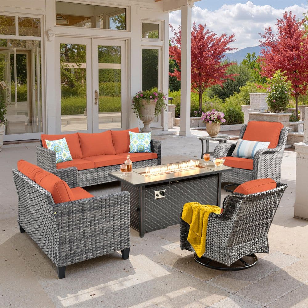 XIZZI Muse 6-Pieces Wicker Outdoor Patio 54 in. Rectangular Fire