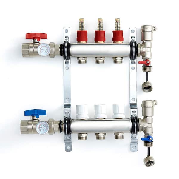 Unbranded 1 in. NPT Inlet x 1/2 in.  Stainless Steel Compression Connection 3-Outlet Radiant Heating Manifold