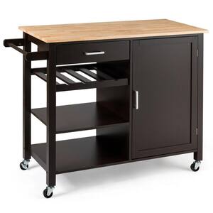 4-Tier Espresso Wood Kitchen Island Trolley Cart Storage Cabinet with Wine Rack