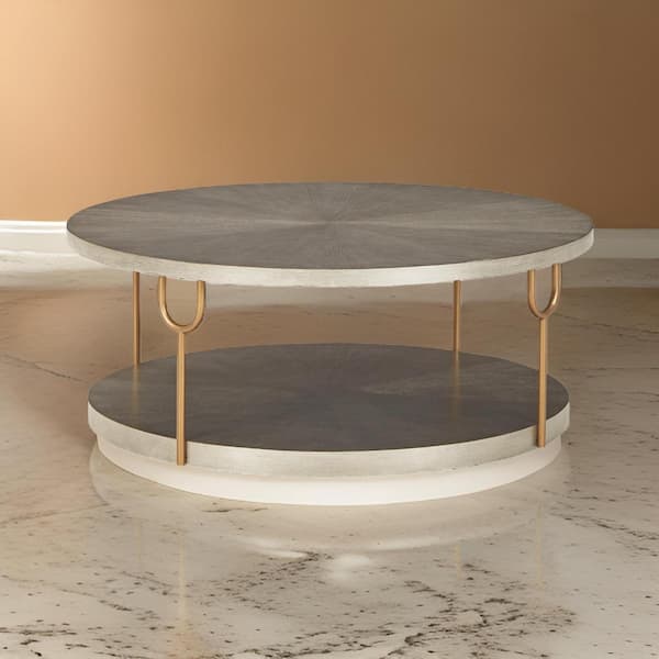 Benjara Modern 42 in. Gray and Gold Round Wood Coffee Table with Metal Frame and Wheels