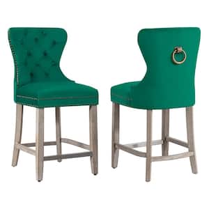 Harper 24 in. Dark Green Velvet Tufted Wingback Kitchen Counter Bar Stool with Solid Wood Frame, Antique Gray (Set of 2)