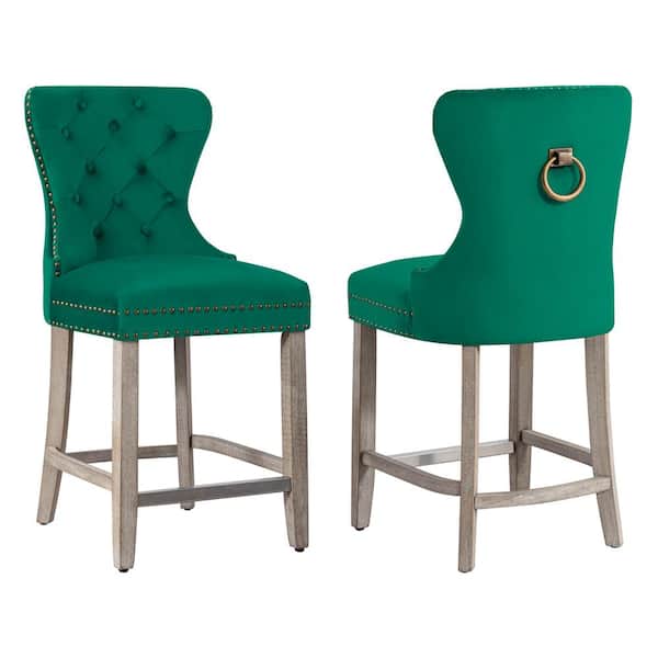 WESTINFURNITURE Harper 24 in. Dark Green Velvet Tufted Wingback Kitchen Counter Bar Stool with Solid Wood Frame, Antique Gray (Set of 2)