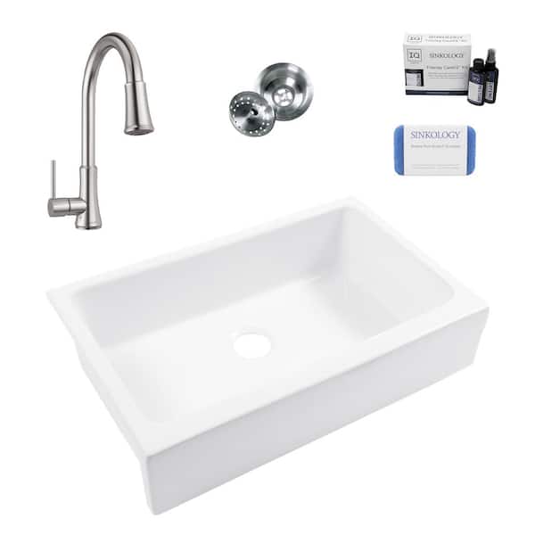 SINKOLOGY Grace 34 in. Quick-Fit Farmhouse Apron Front Undermount Single Bowl White Fireclay Kitchen Sink with Pfirst Faucet Kit