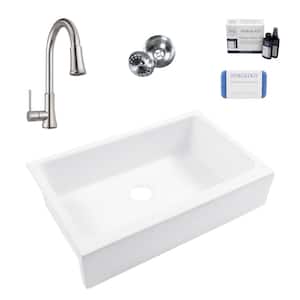 Grace 34 in. Quick-Fit Farmhouse Apron Front Undermount Single Bowl White Fireclay Kitchen Sink with Pfirst Faucet Kit