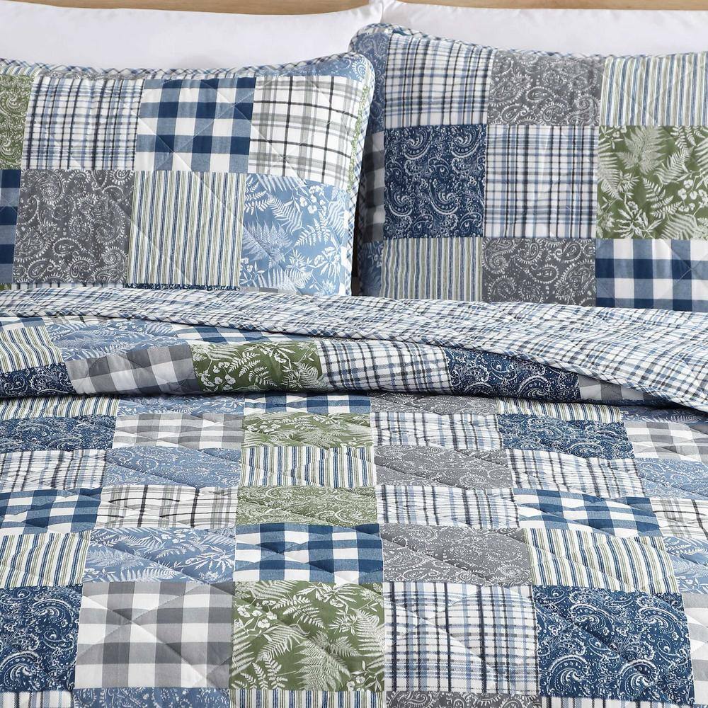 King Blue Cotton Reversible Patchwork Quilt Set
