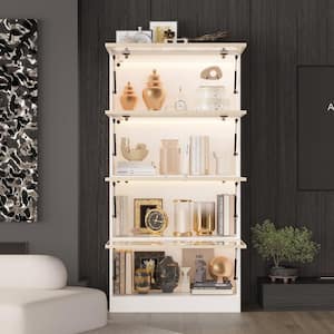 White Wood 31.5 in. W Display Cabinet Storage Curio Cabinet Collectors Showcase with Flip up Glass Doors, 3-Color Lights