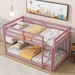 Pink Twin Over Twin Floor Bunk Bed with Ladder