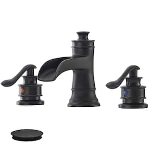 8 in. Widespread Double-Handle Waterfall Spout Bathroom Faucet with Pop-Up Drain Low-Arc in Matte Black (Valve Included)