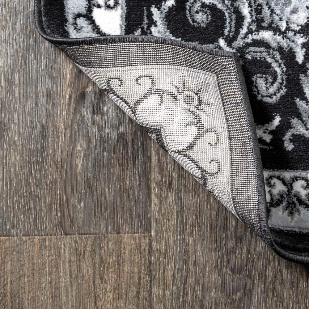 Black and Gray Synthetic Round French Border Area Rug