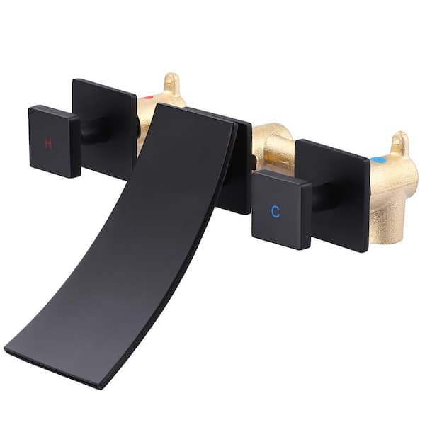 ARCORA Matte Black Double Handle Wall Mounted Bathroom Faucet Rough in Valve Included