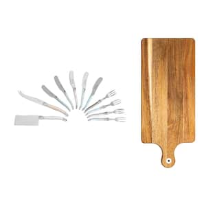 French Home 20 in. Wood Cheese Board with Laguiole Mother of Pearl Colored Charcuterie Set