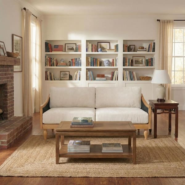 70.9 in. Square Arms Chenille Rectangle Sofa in Black with Rattan Armrests and Wooden Legs
