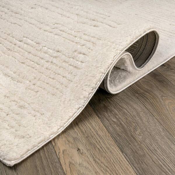 Striped Framed Border Power Loomed Soft Shag High-Low Indoor 2 ft. x 4 ft. White Area Rug