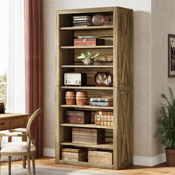 BYBLIGHT Eulas 70.59 in. Tall Brown Wood 8-Shelf Bookcase with Adjustable Shelves