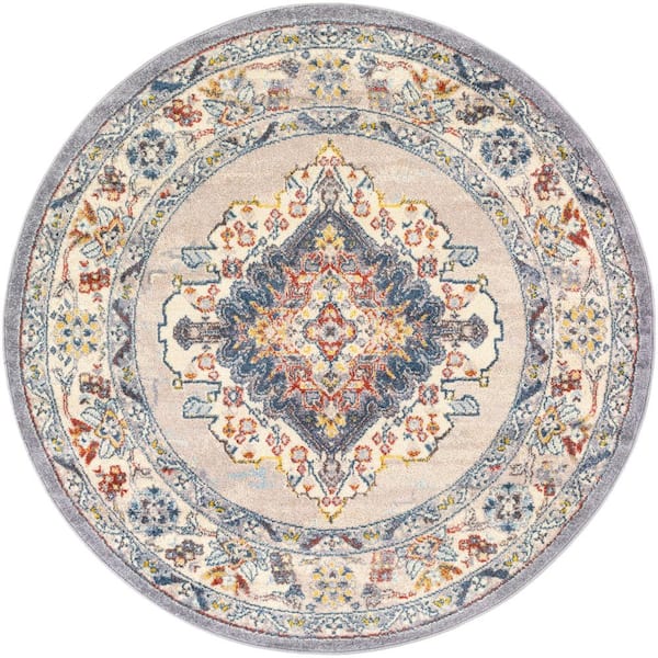 Chandi Blue/Orange 5 ft. 3 in. x 5 ft. 3 in. Round Medallion Area Rug