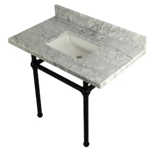 Square-Sink Washstand 36 in. Console Table in Carrara with Metal Legs in Matte Black