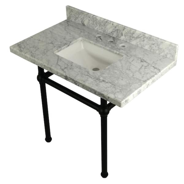 Kingston Brass Square-Sink Washstand 36 in. Console Table in Carrara with Metal Legs in Matte Black