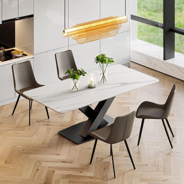 63 in. Rectangular Luxury Modern White Stone Dining Table with Cross Legs Base for Dining Room (Seats 6)