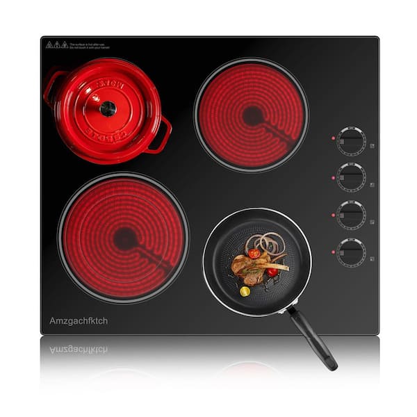 24 in. 4 Elements Radiant Electric Cooktop-ceramic hob in Black with Knob Control, Auto Shut Off, Hardwire(No Plug)