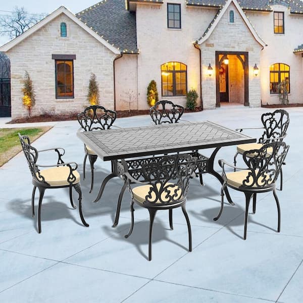 Willit Lily Black 7-Piece Cast Aluminum Outdoor Dining Set with Rectangle Table and Dining Chairs with Random Color Cushion