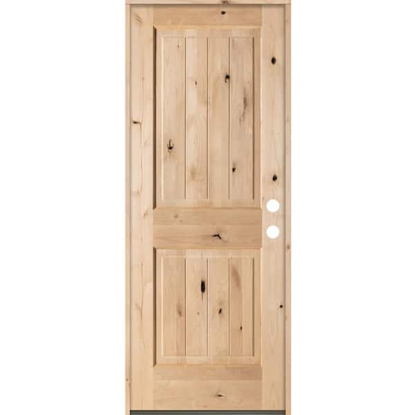 Krosswood Doors 30 in. x 80 in. Rustic Knotty Alder Square Top V-Grooved Left-Hand Inswing Unfinished Exterior Wood Prehung Front Door