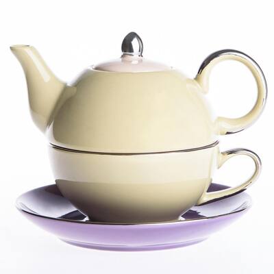 Porcelain Tea Set for One Mixed Colors Glazed Teapot Teacup and Saucer(Yellow and Purple)