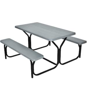 54 in. x 59 in. x 28.5 in.  Gray HDPE Rectangle Picnic Table Bench Set with Metal Base for Outdoor Camping All Weather