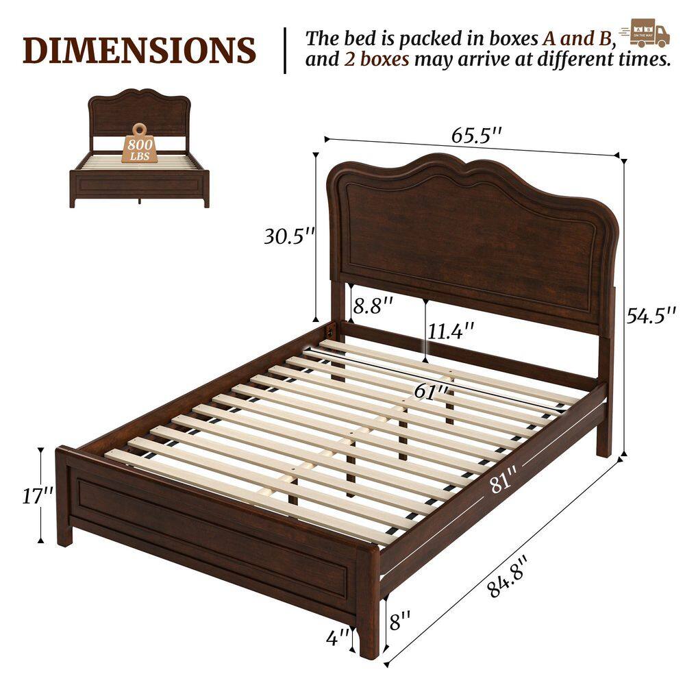 Dark Walnut Brown Mid-Century Modern Solid Wood Bed Frame King Platform Bed with Wave Headboard - thumbnail 5