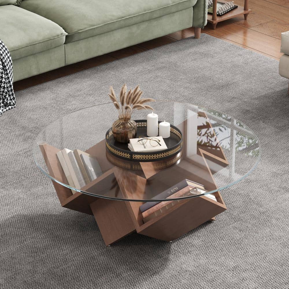 35.4 in. W Walnut Round Tempered Glass Coffee Table with Shelves price history on PriceWatchPro