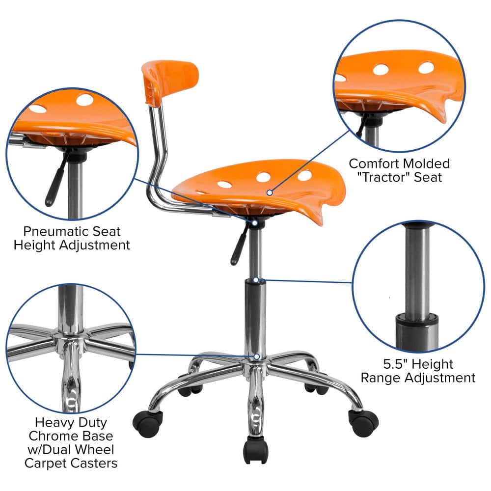 Vibrant Orange Chrome Swivel Task Chair with Tractor Seat, 20"