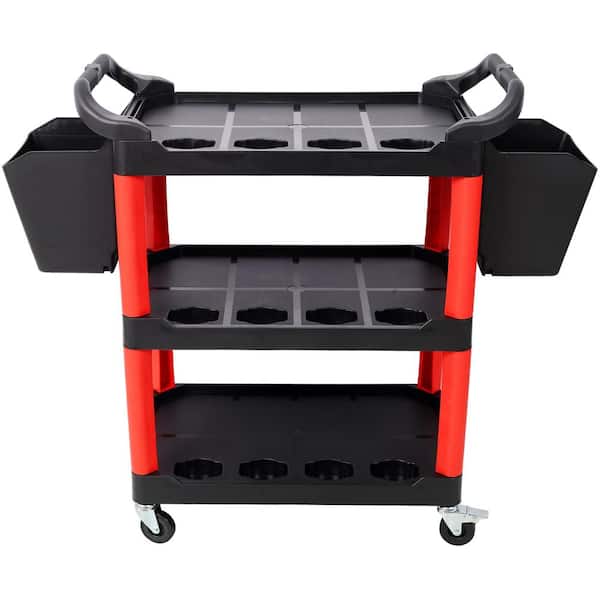 3 Tier Rolling Auto Detail Cart Serving Cart with Wheels and 2pcs Bucket Panel-Red & Black