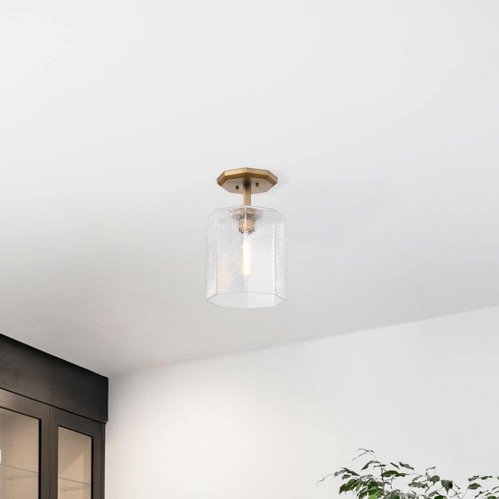 Haven 10 in. Old Satin Brass Modern Semi-Flush Mount with Clear Rippled Glass Shade for Hallways price history on PriceWatchPro