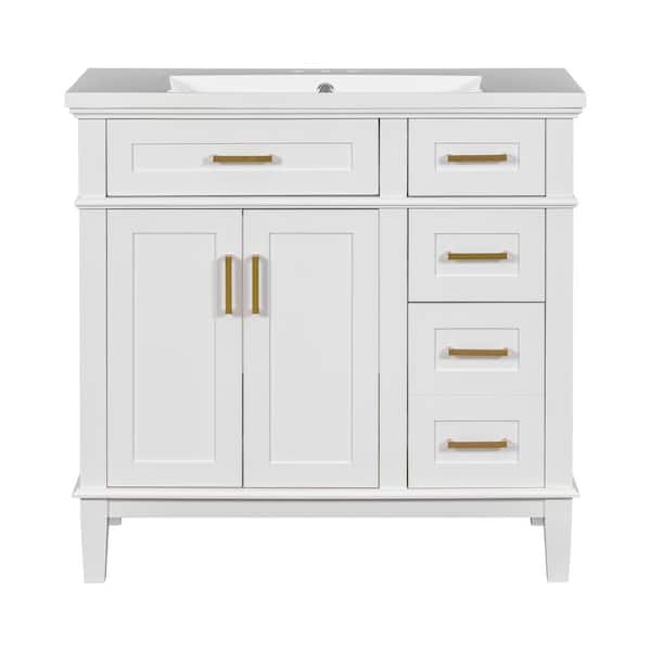 JimsMaison 36 in. W x 18 in. D x 35 in. H Single Sink Freestanding Bath Vanity in White with White Ceramic Top