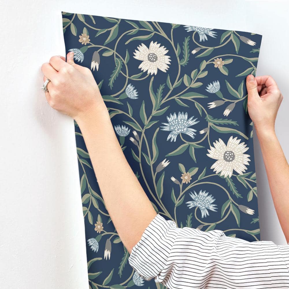 Navy Floral Non-Pasted Washable Wallpaper