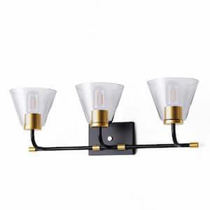 25 in. 3-Light Black Vanity Light with Clear Cone Glass Shades for Bathroom, Mirror, Vanity Area