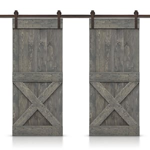 Mini X 96 in. x 84 in. Weather Gray Stained DIY Solid Pine Wood Interior Double Sliding Barn Door with Hardware Kit