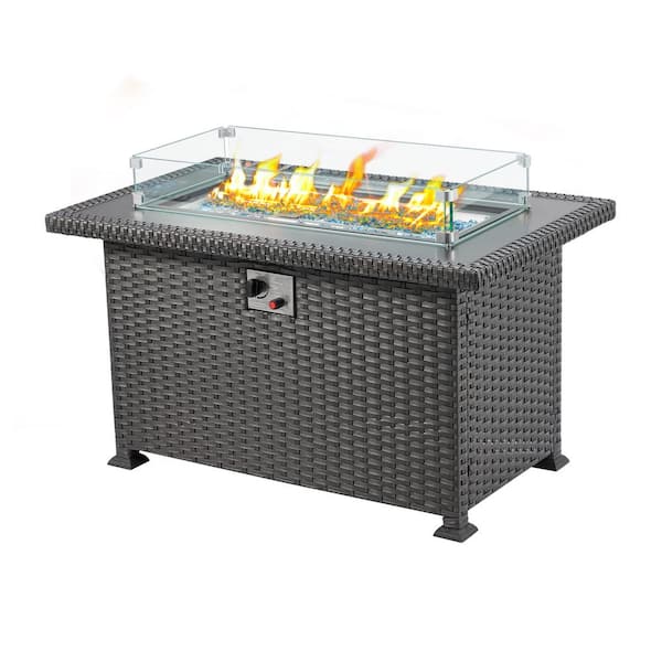 Zeus & Ruta 44 in. Propane Fire Pit Table, 50,000 BTU Auto-Ignition Gas Fire Table with Glass Wind Guard for Outside Patio
