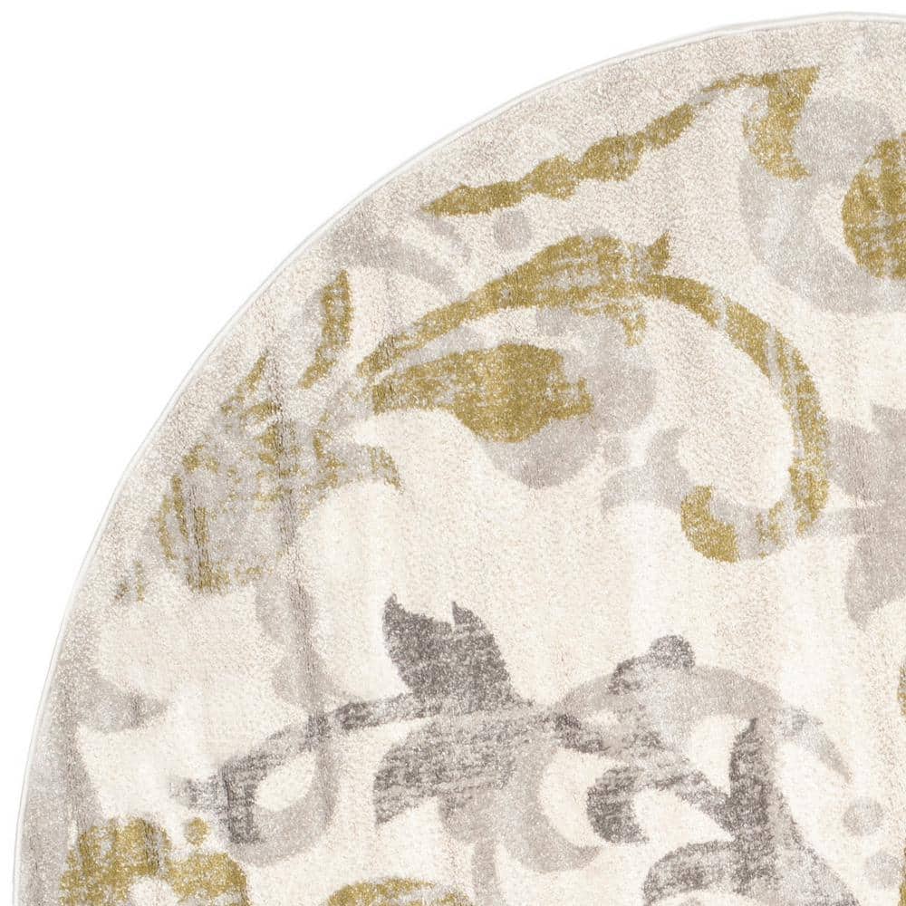 Ivory and Light Grey Round Baroque Print Area Rug