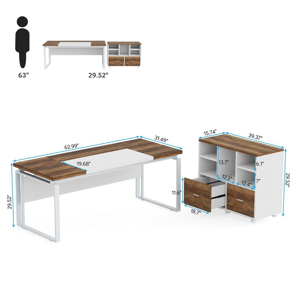 Oak Karo and White L-Shaped Executive Desk with Reversible File Cabinet